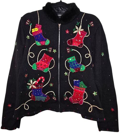 Hampshire Studio Boo! Sweaters - Hampshire Studio Vintage Holiday Sweater Zip Front Faux Fur Womens Size Large